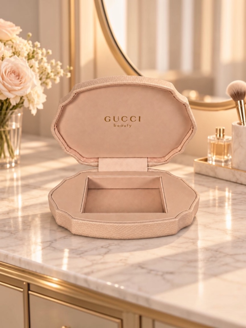 Gucci Beauty Blush Beige Scalloped Vanity Case Jewelry Keepsake Presentation Box